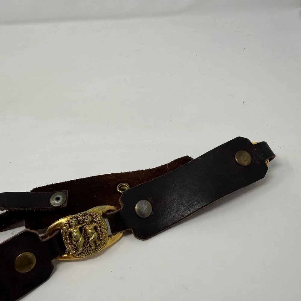Vintage Dark Brown Leather Cherub Belt Gold Tone Angel Medallion Baroque 32.5in